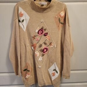 Vintage Spice of Life Floral & Pearls Embroidered Oversized Sweater